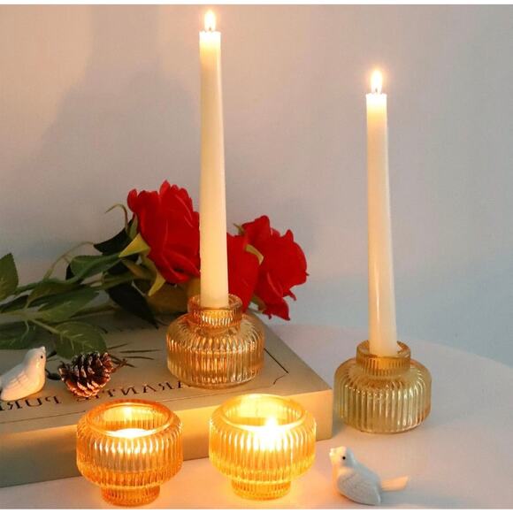 Set of 4 Amber Glass Ribbed Candle Holders – Taper & Tealight Compatible - Picture 4 of 5